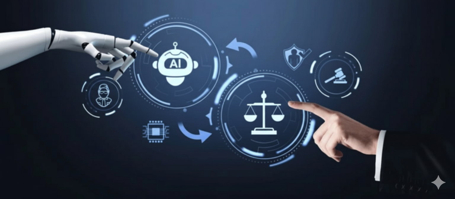 An abstract image representing balance and ethics in technology, like a compass over a neural network.